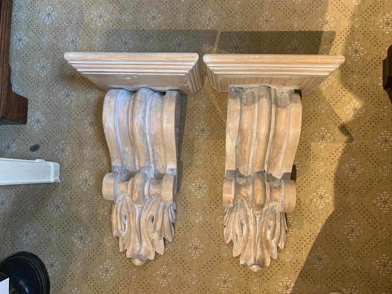 Pair of 20th century jumbo hand carved pickled brackets.