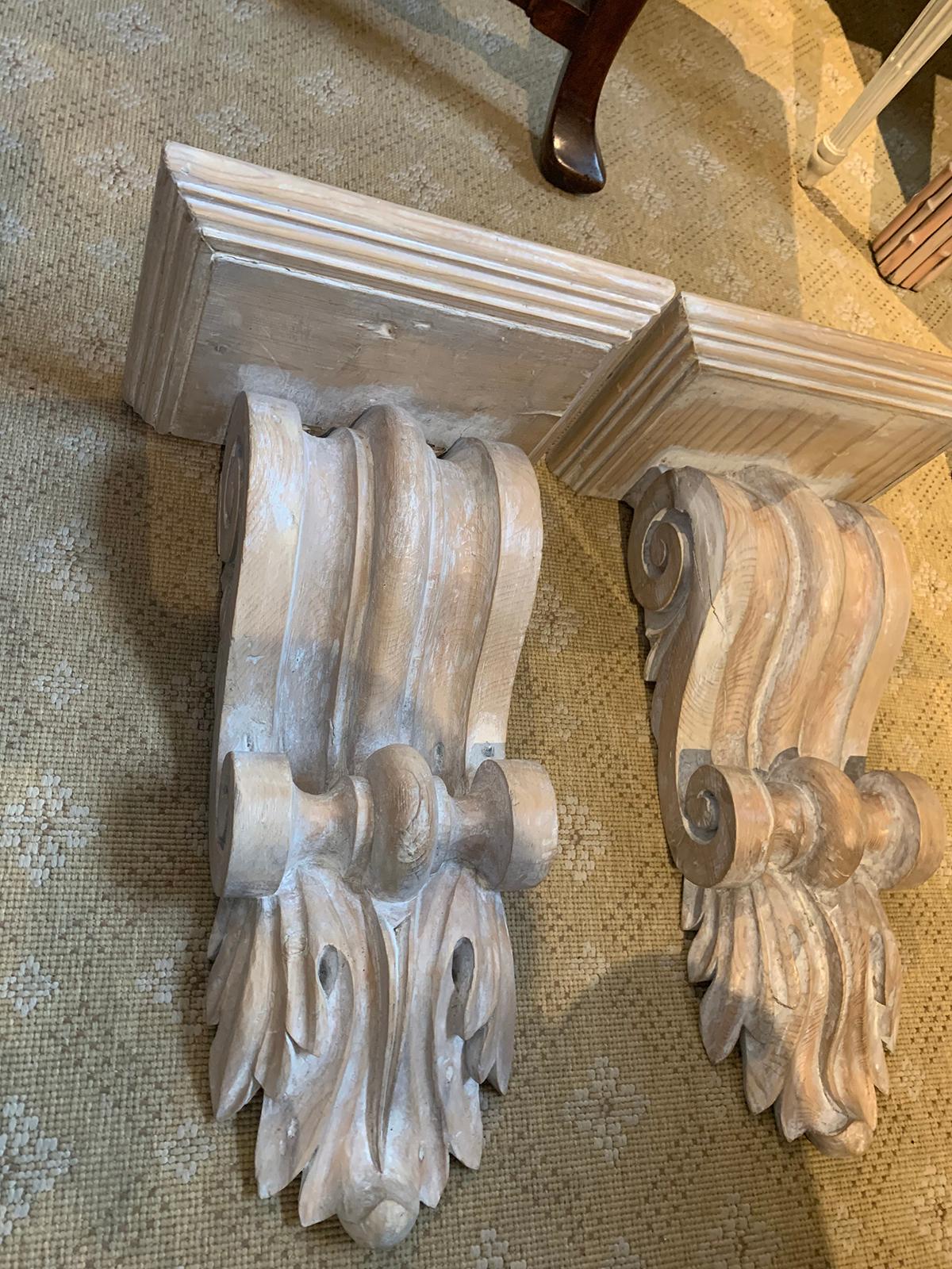 Pair of 20th Century Jumbo Hand Carved Pickled Brackets In Good Condition For Sale In Atlanta, GA