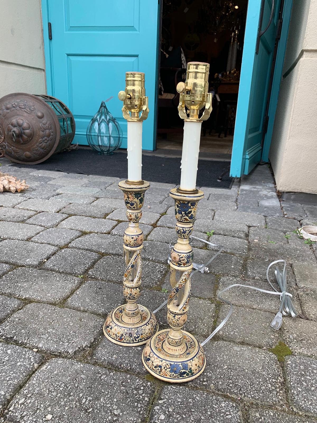 Wood Pair of 20th Century Kashmiri Candlestick Table Lamps