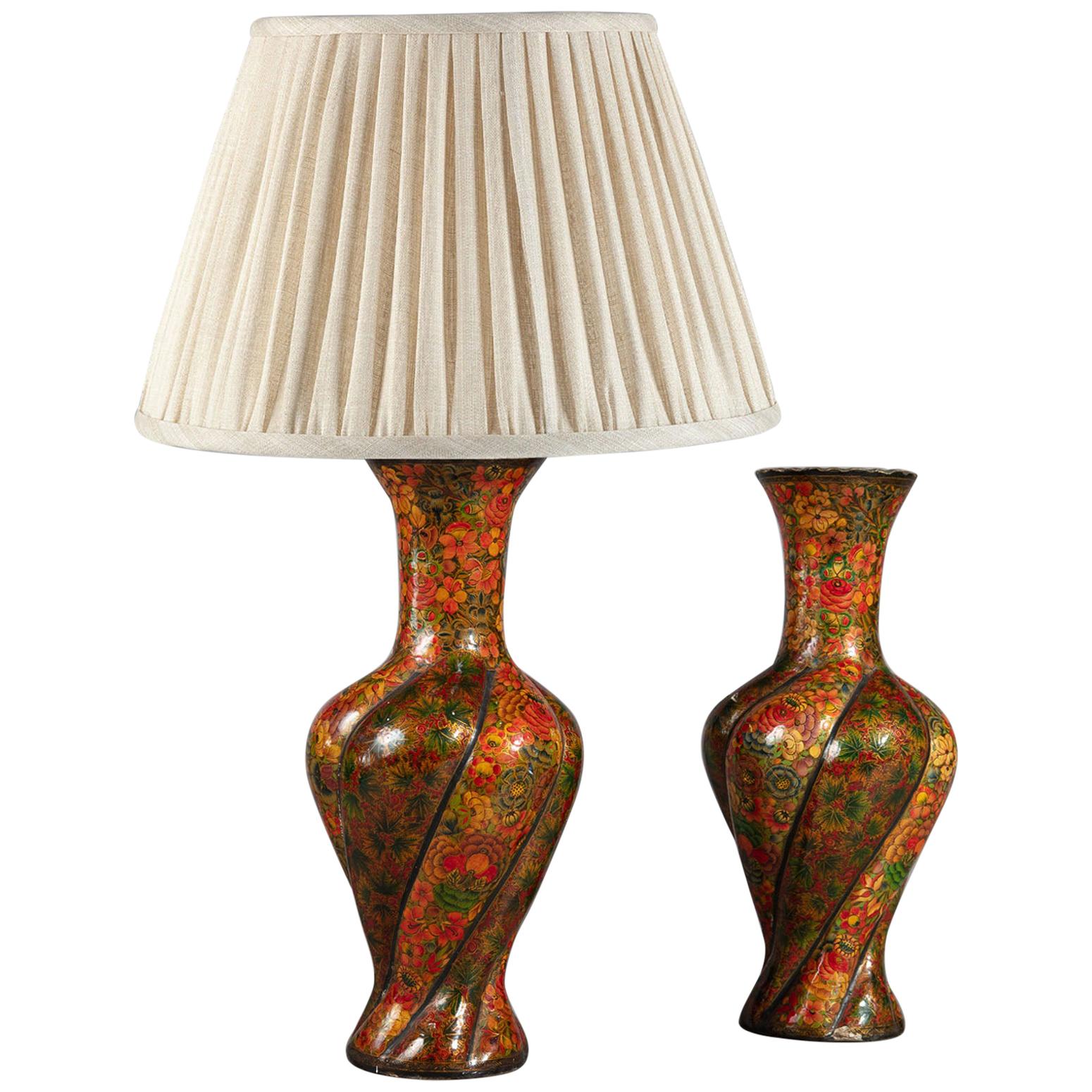 Pair of 20th Century Kashmiri Lacquer Vases as Table Lamps