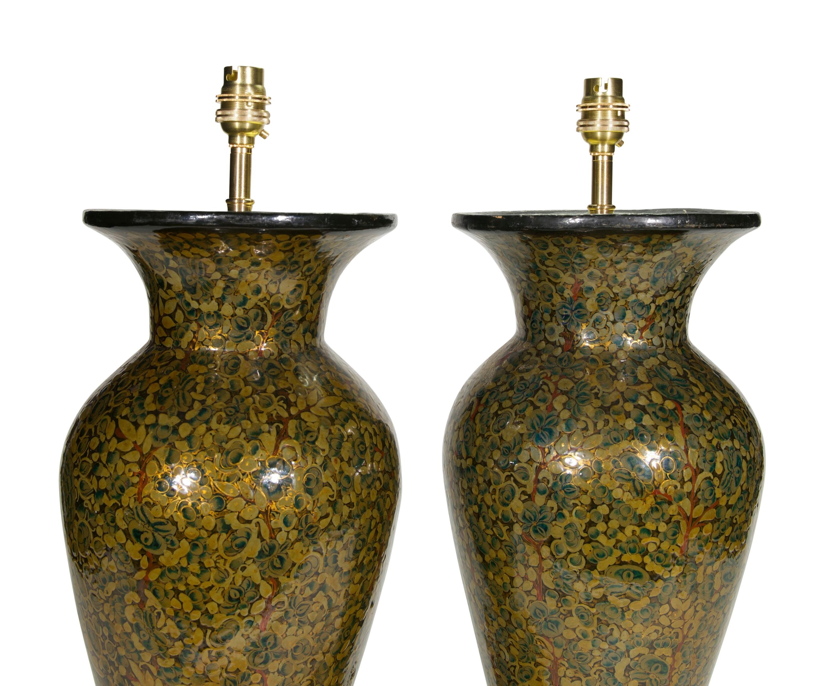 Wood Pair of 20th Century Kashmiri Lacquered Gold Antique Table Lamps For Sale