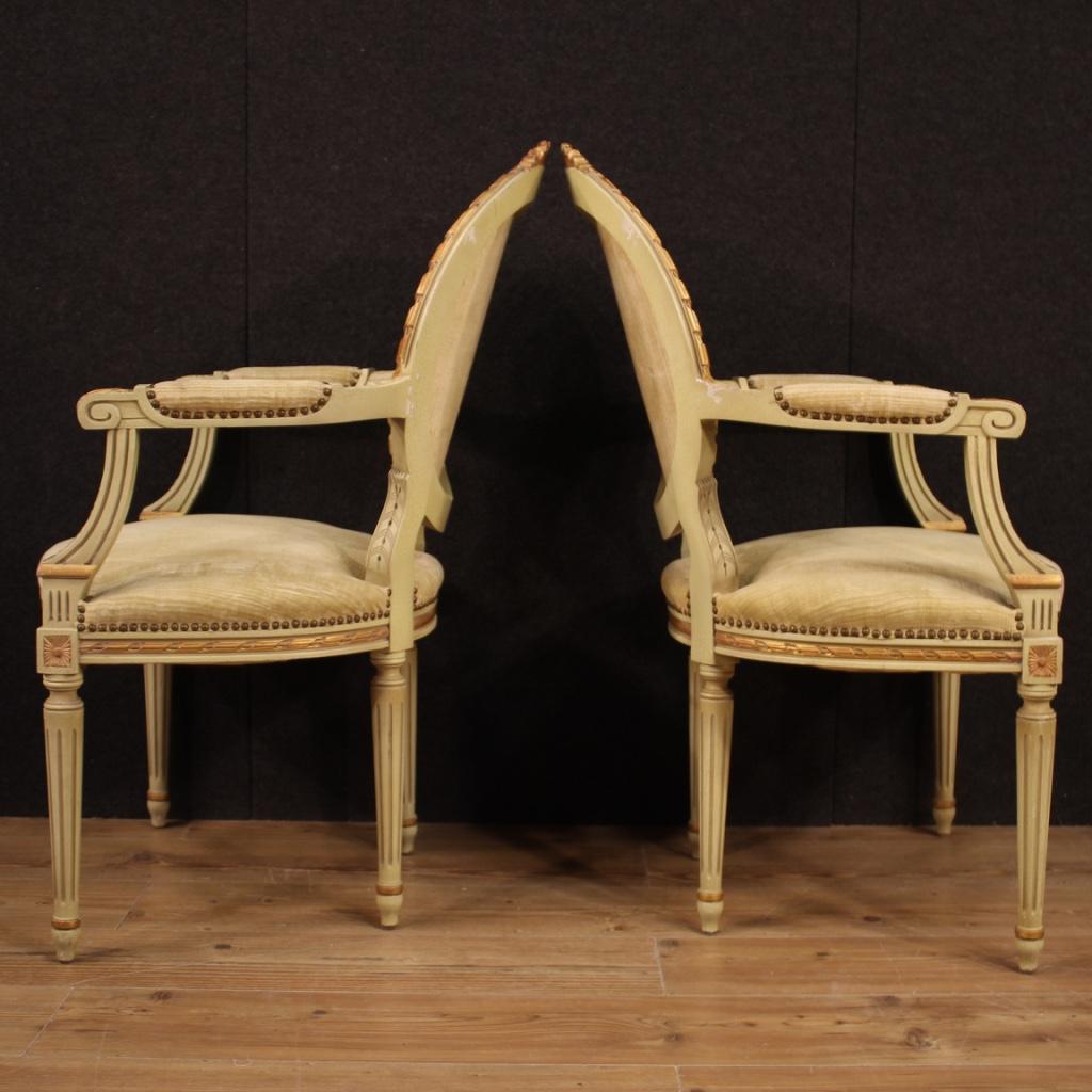 Pair of 20th Century Lacquered and Giltwood Italian Louis XVI Style Armchairs 6