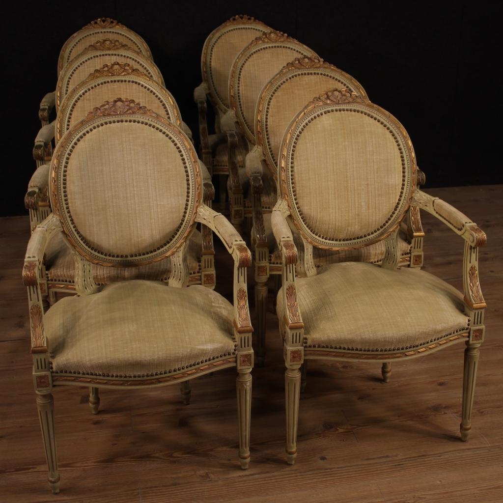 Pair of 20th Century Lacquered and Giltwood Italian Louis XVI Style Armchairs In Good Condition In Vicoforte, Piedmont