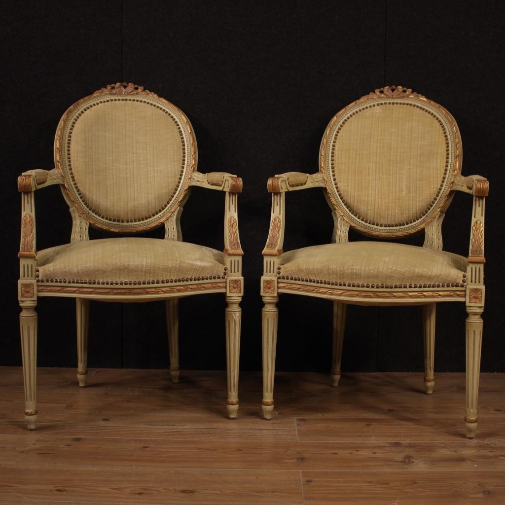 Plaster Pair of 20th Century Lacquered and Giltwood Italian Louis XVI Style Armchairs