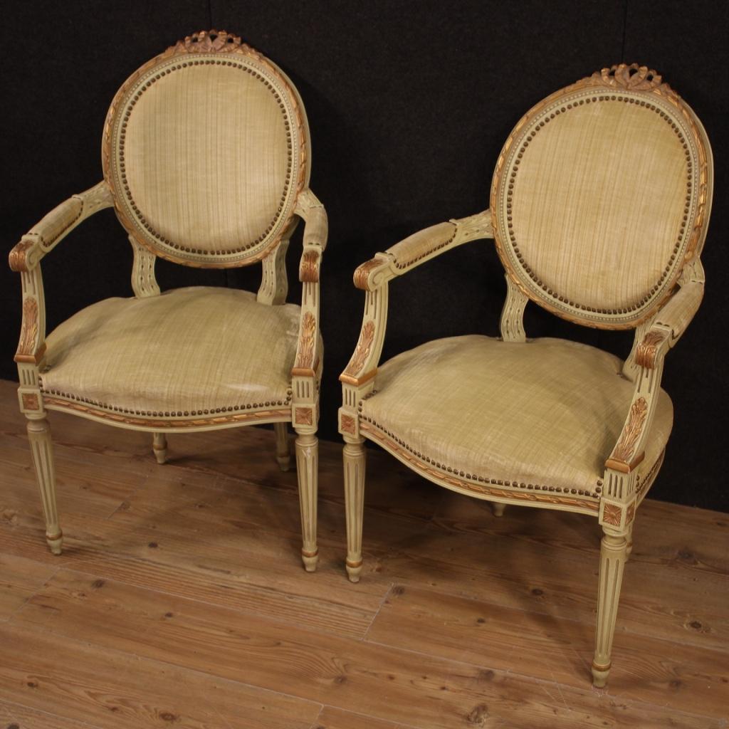 Pair of 20th Century Lacquered and Giltwood Italian Louis XVI Style Armchairs 1