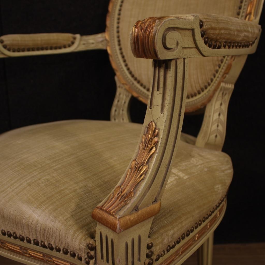 Pair of 20th Century Lacquered and Giltwood Italian Louis XVI Style Armchairs 3