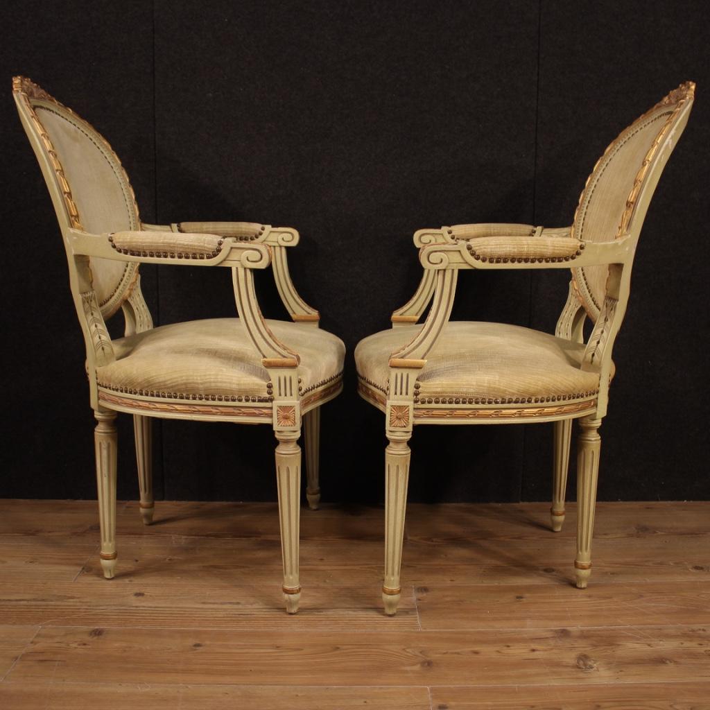 Pair of 20th Century Lacquered and Giltwood Italian Louis XVI Style Armchairs 4