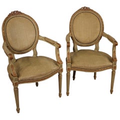 Pair of 20th Century Lacquered and Giltwood Italian Louis XVI Style Armchairs