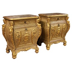 Antique Pair of 20th Century Lacquered and Gold Wood Marble Top Italian Night Stands