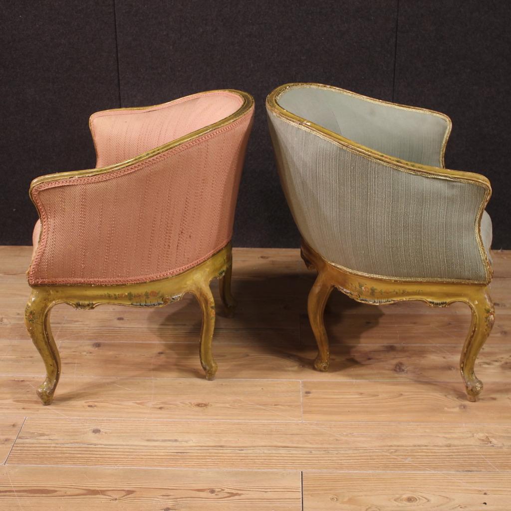 Italian Pair of 20th Century Lacquered and Gold Wood Venetian Armchairs, 1950