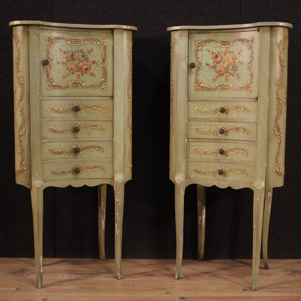 Pair of Italian 20th century cabinets. Bean-shaped chest of drawers, finished for the center, in lacquered, chiseled and hand painted with very pleasant floral decorations. High furniture with wooden top in character, equipped with 4 drawers and a