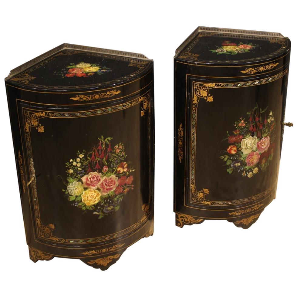 Pair of 20th Century Lacquered and Painted Wood French Corner Cupboards, 1950