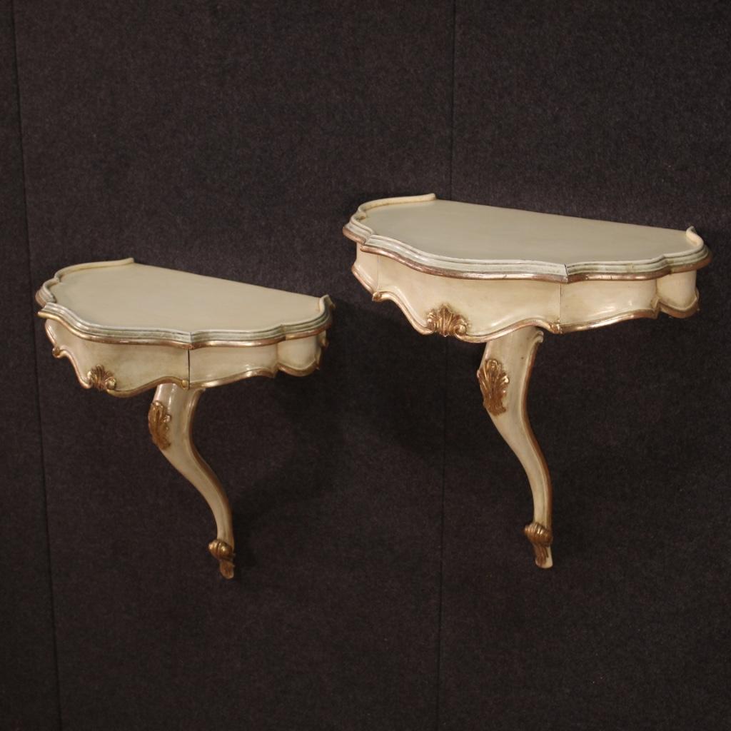 Pair of 20th Century Lacquered and Silvered Wood Venetian Consoles Tables, 1960 For Sale 2
