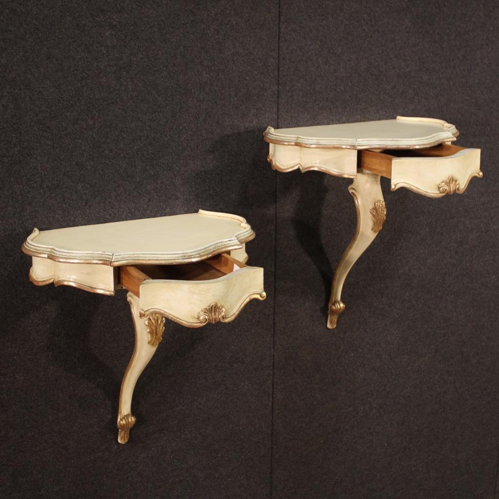 Pair of 20th Century Lacquered and Silvered Wood Venetian Consoles Tables, 1960 For Sale 3