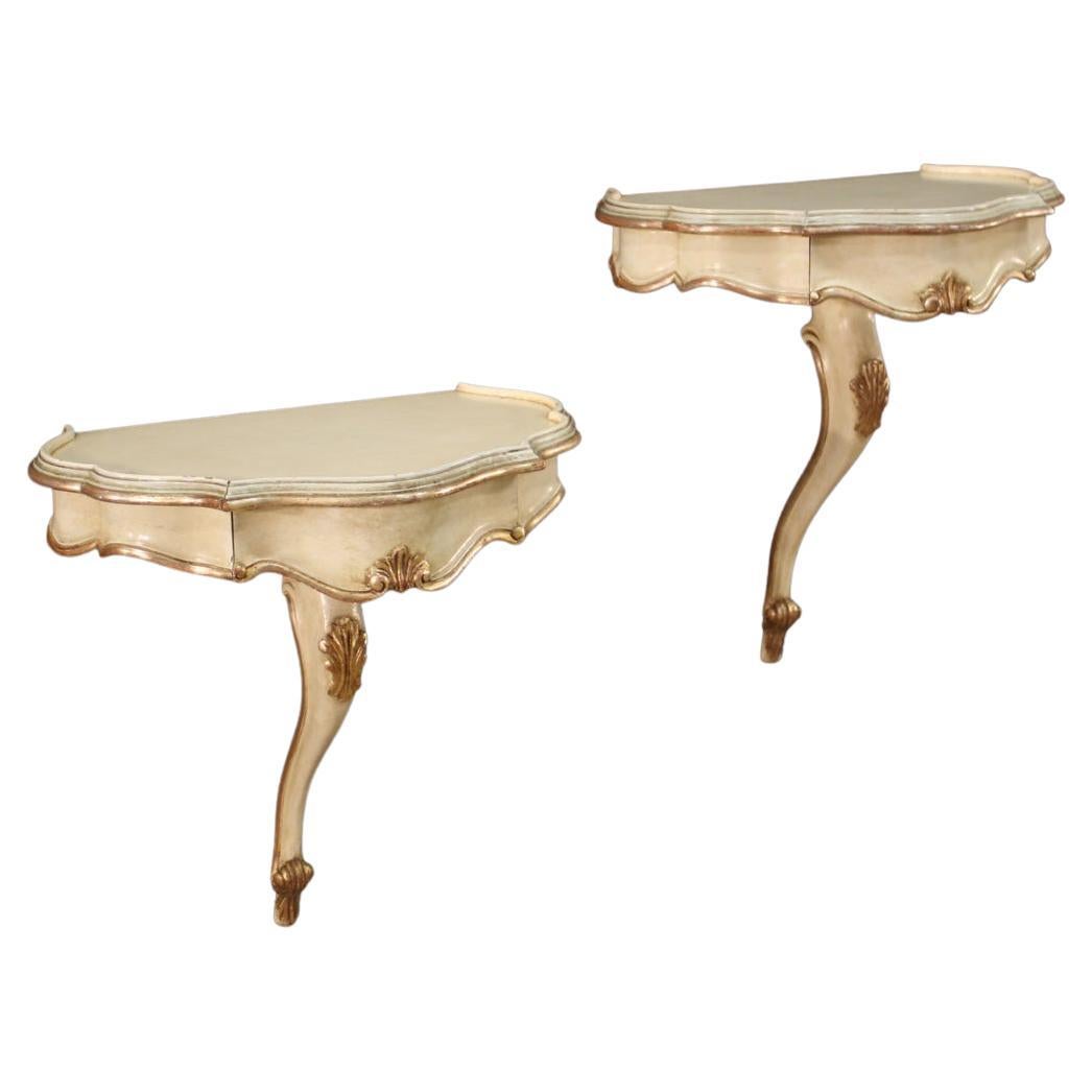 Pair of 20th Century Lacquered and Silvered Wood Venetian Consoles Tables, 1960 For Sale