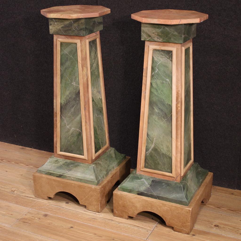 Legno Pair of 20th Century Lacquered Faux Marble Italian Columns, 1970 in vendita