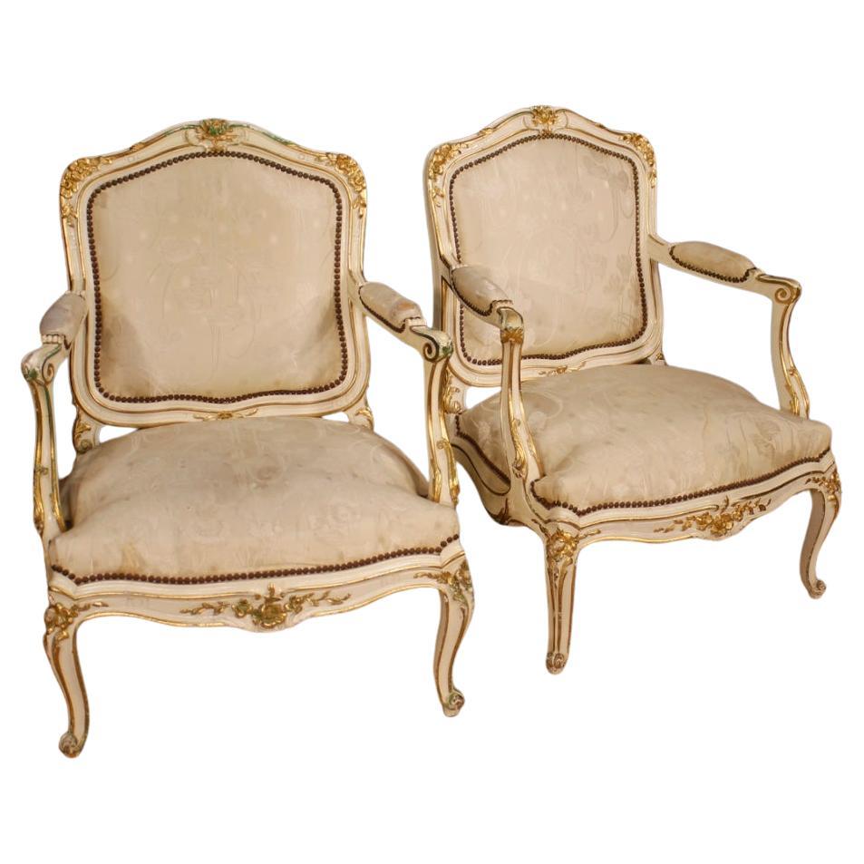 Pair of 20th Century Lacquered Painted and Gilded Wood French Armchairs, 1960s For Sale