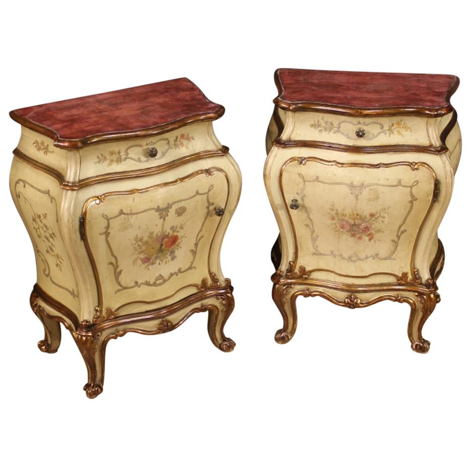 Pair of 20th Century Lacquered Painted and Giltwood Venetian Bedside Tables