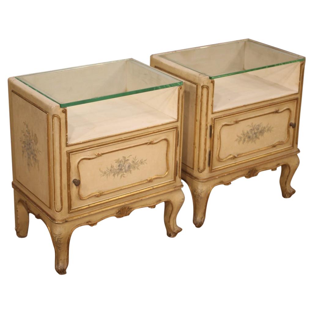 Pair of 20th Century Lacquered Painted Giltwood French Bedside Tables, 1960