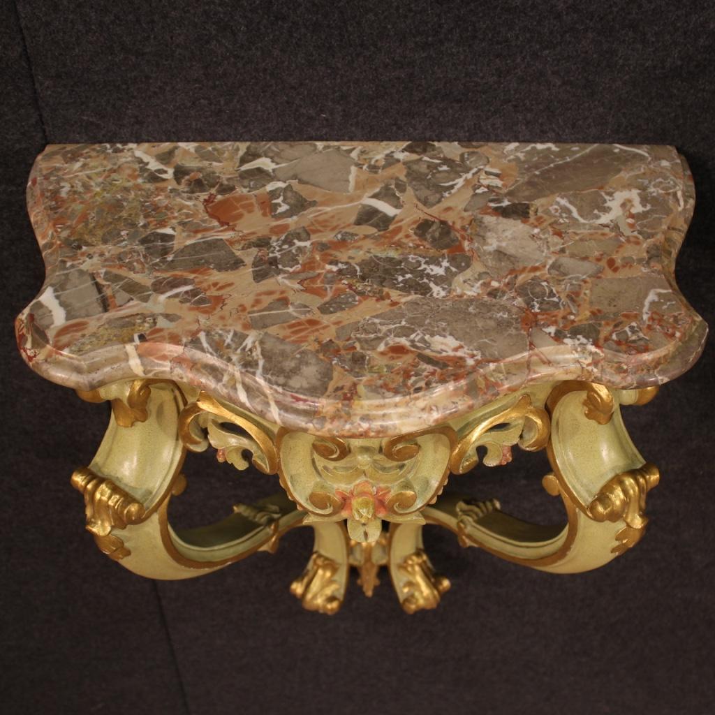 Pair of 20th Century Lacquered Painted Gold Wood Marble Top Italian Consoles 7