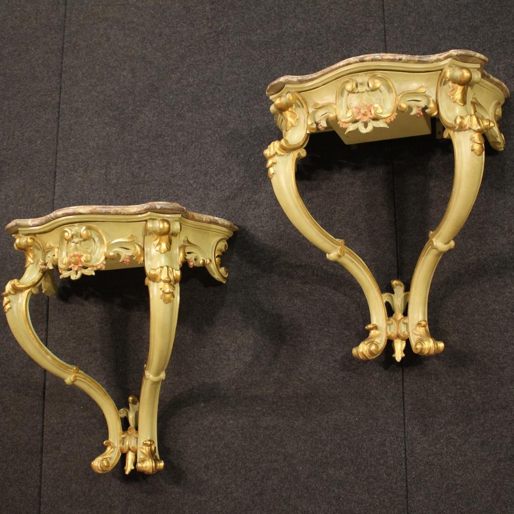 Pair of 20th Century Lacquered Painted Gold Wood Marble Top Italian Consoles 8