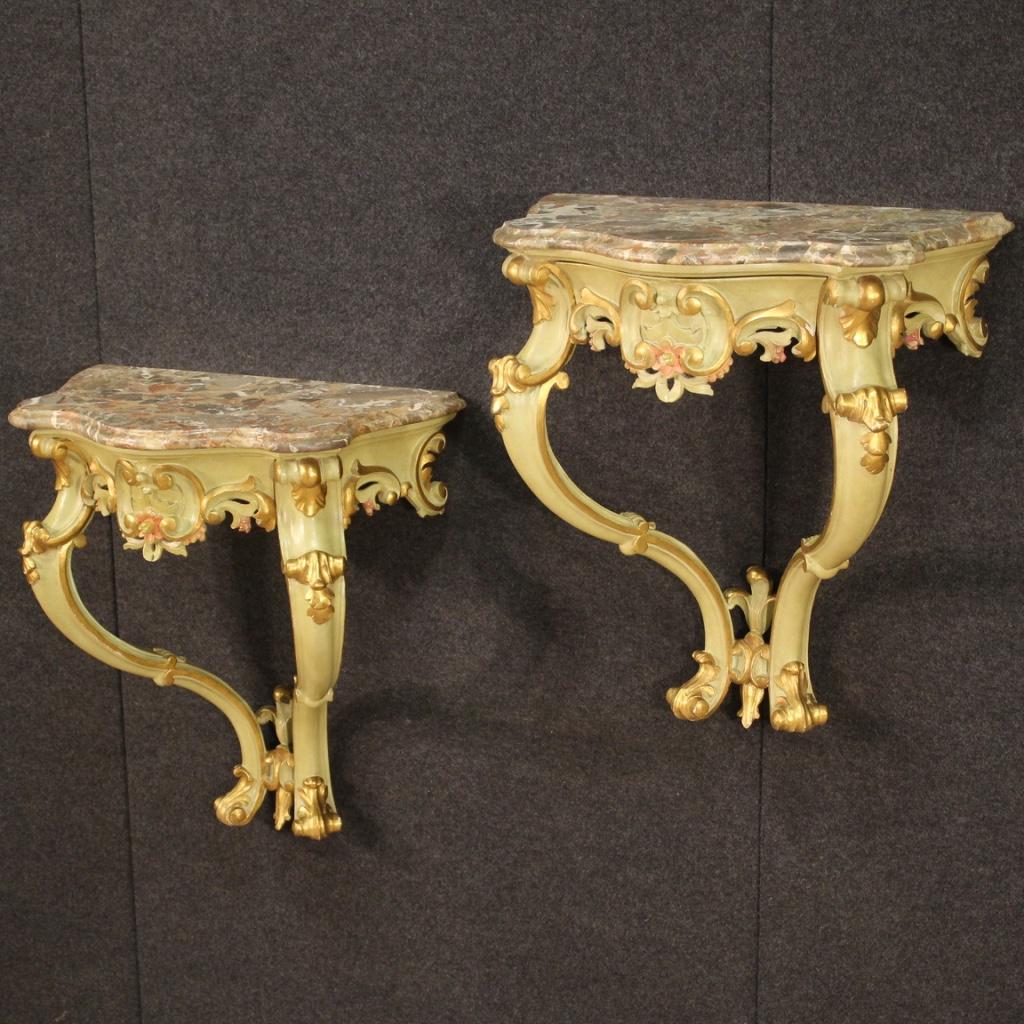Pair of 20th Century Lacquered Painted Gold Wood Marble Top Italian Consoles In Good Condition In Vicoforte, Piedmont