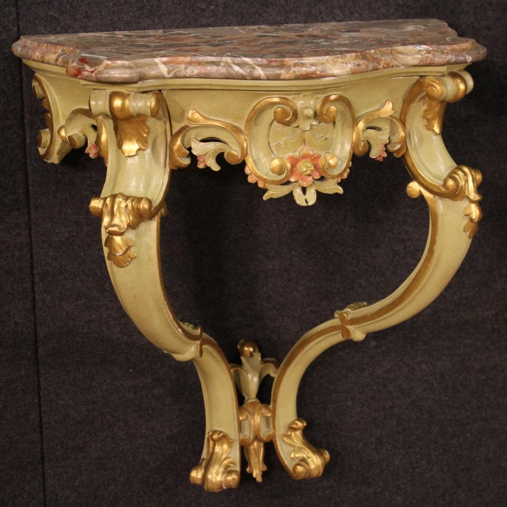 Pair of 20th Century Lacquered Painted Gold Wood Marble Top Italian Consoles 1