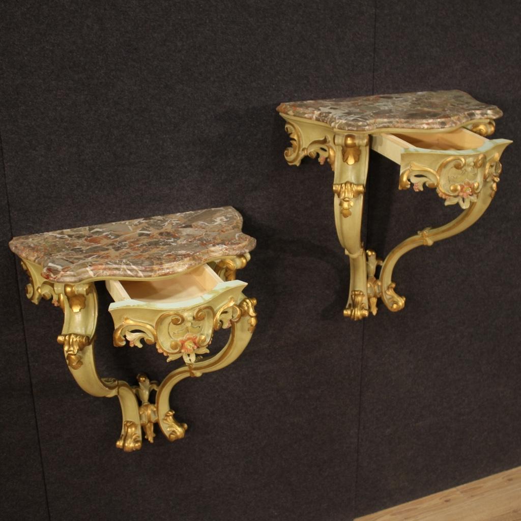 Pair of 20th Century Lacquered Painted Gold Wood Marble Top Italian Consoles 5