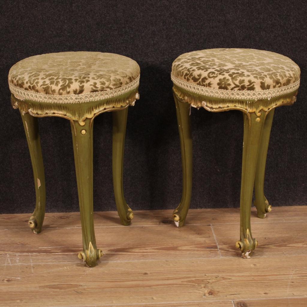 Italian Pair of 20th Century Lacquered, Painted Wood and Velvet Venetian Stools, 1960 For Sale