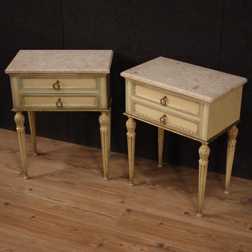Pair of 20th Century Lacquered Wood Marble Italian Louis XVI Style Night Stands In Good Condition In Vicoforte, Piedmont