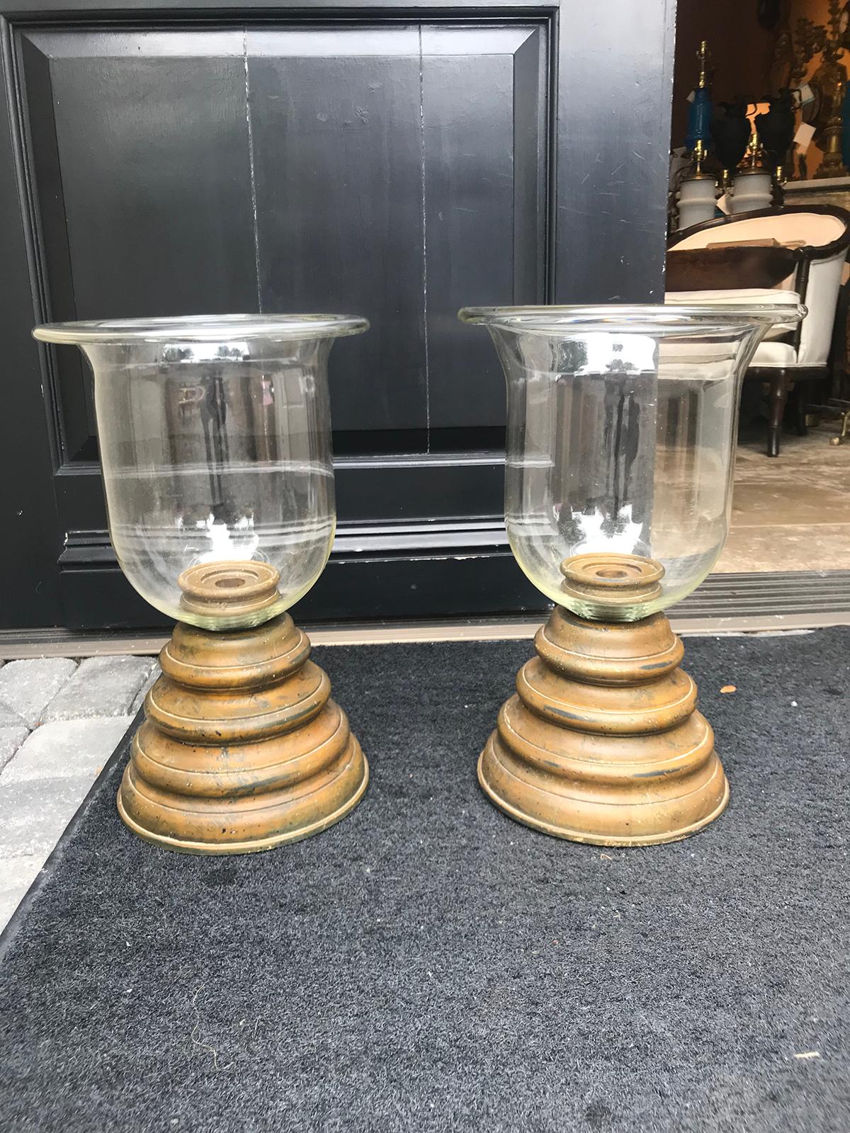 Pair of 20th Century Large Glass and Wooden Photophores In Good Condition In Atlanta, GA