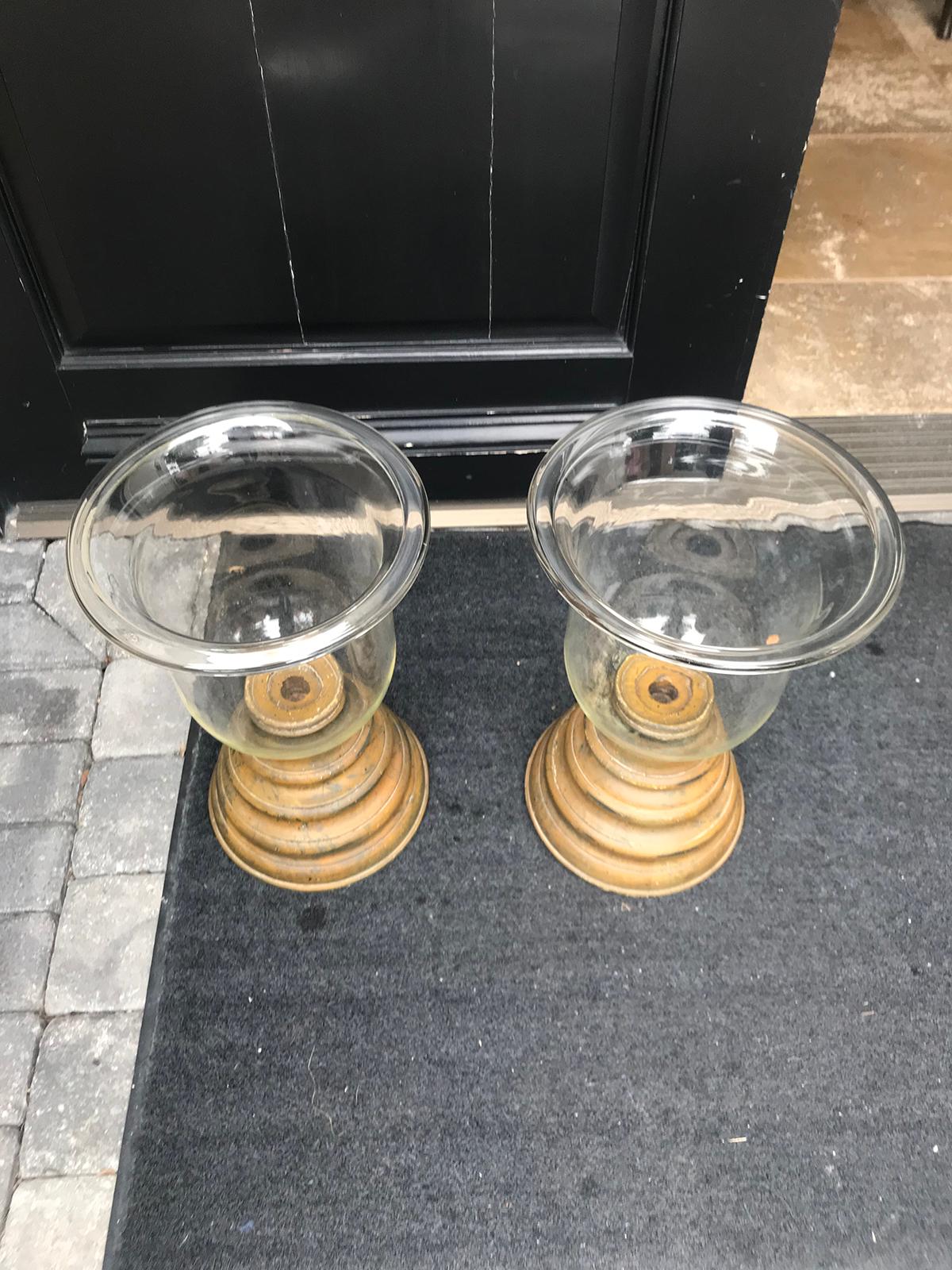 Pair of 20th Century Large Glass and Wooden Photophores 2