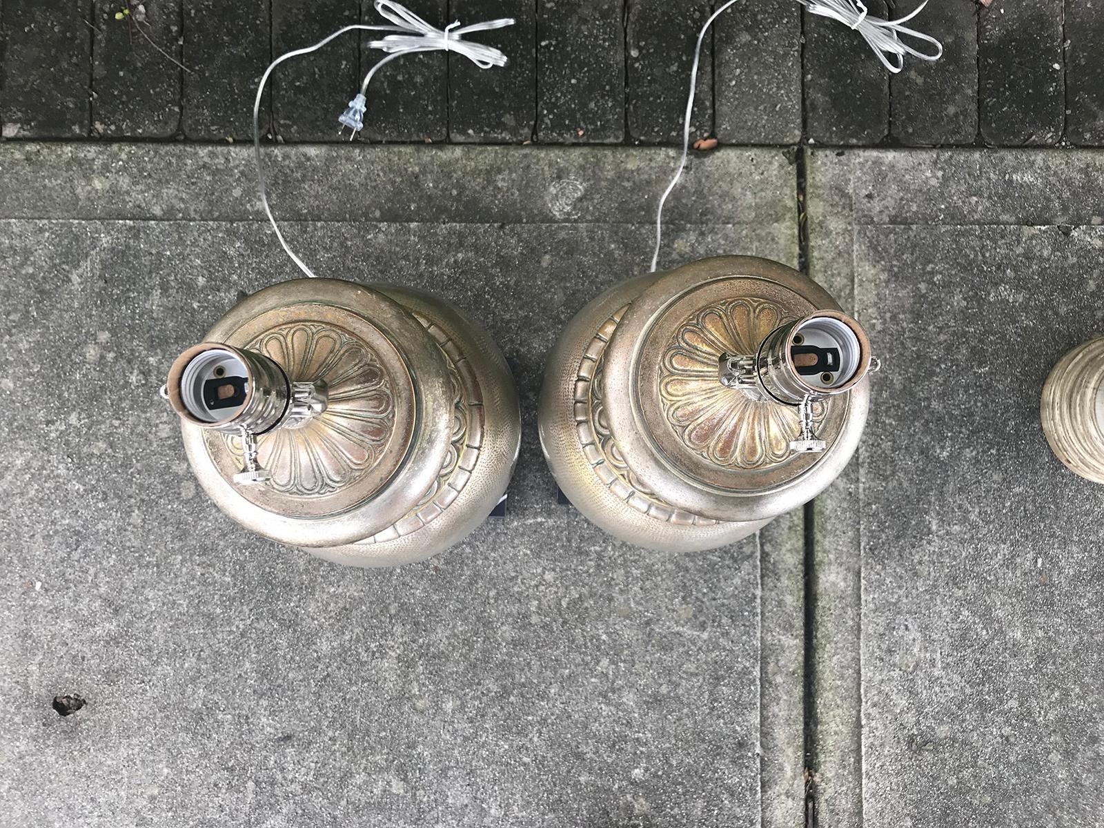 Marble Pair of 20th Century Large Italian Deco Style Silvered Urns as Lamps