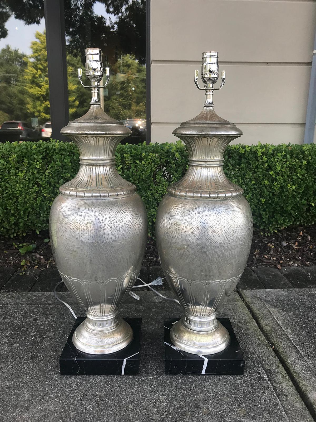 Pair of 20th Century Large Italian Deco Style Silvered Urns as Lamps 1