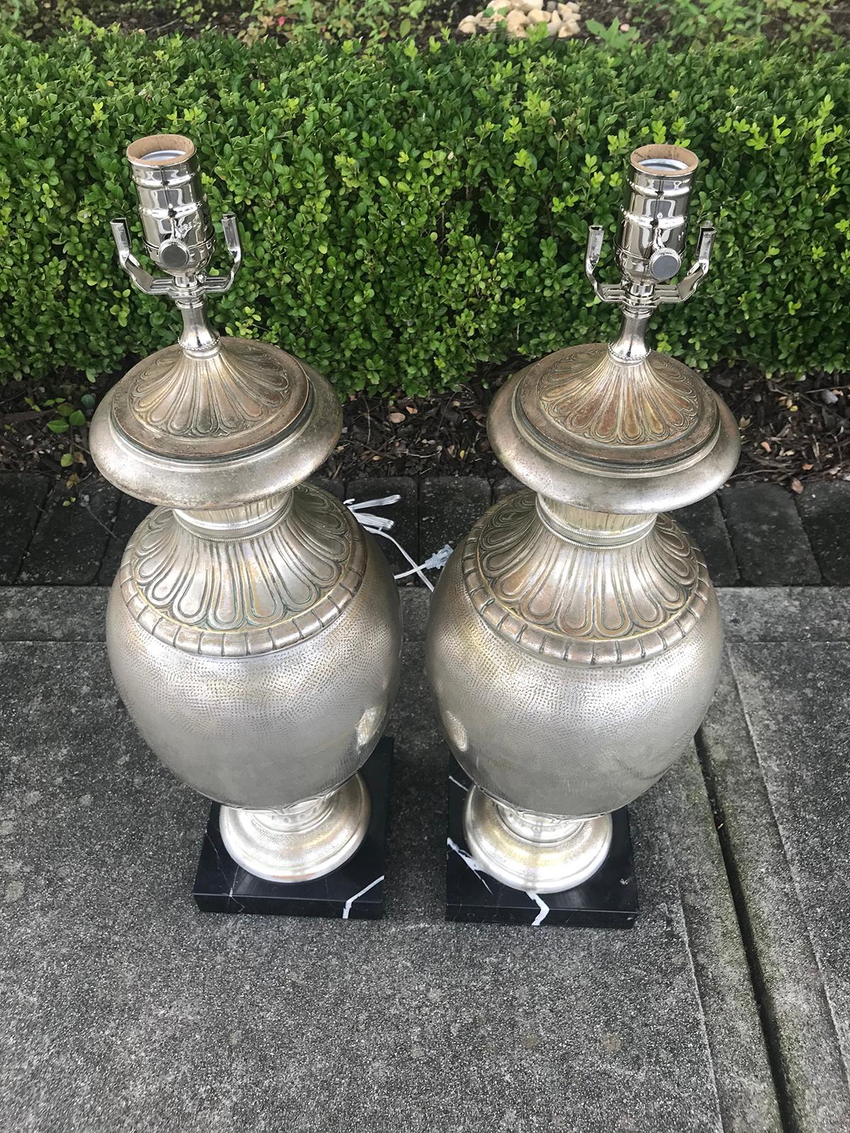 Pair of 20th Century Large Italian Deco Style Silvered Urns as Lamps 2