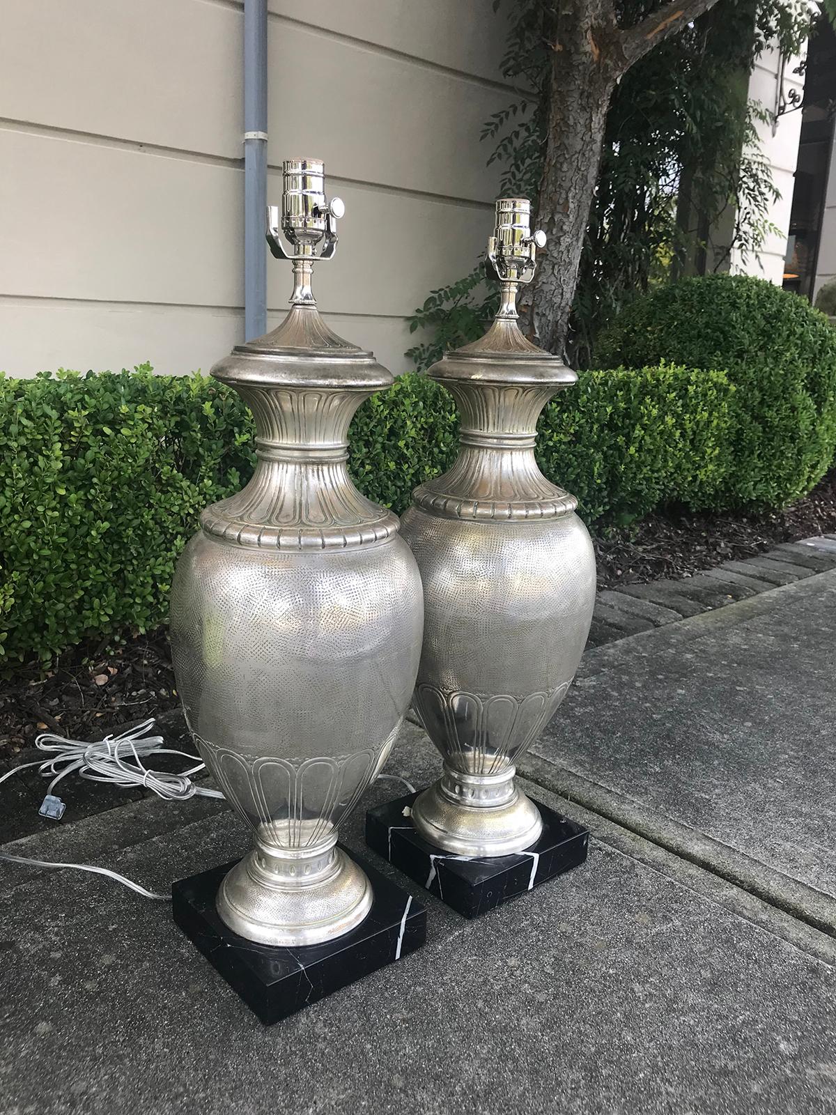 Pair of 20th Century Large Italian Deco Style Silvered Urns as Lamps 3