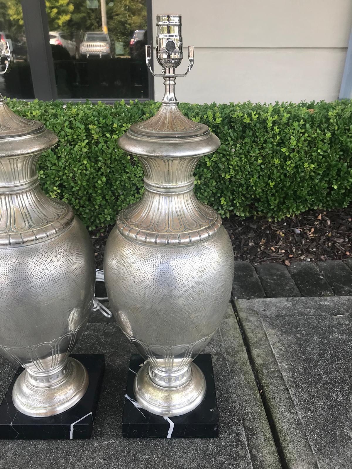 Pair of 20th Century Large Italian Deco Style Silvered Urns as Lamps 4