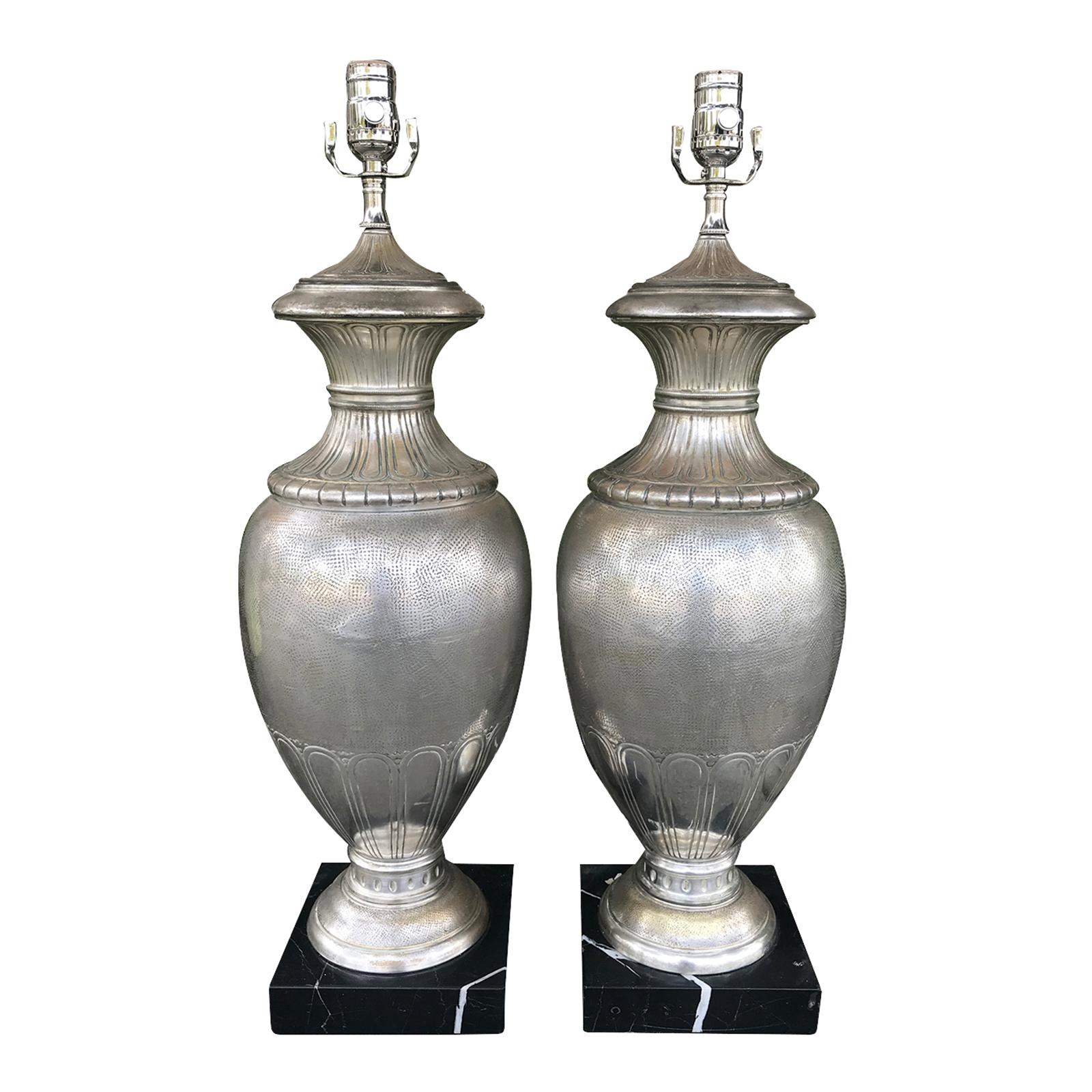 Pair of 20th Century Large Italian Deco Style Silvered Urns as Lamps