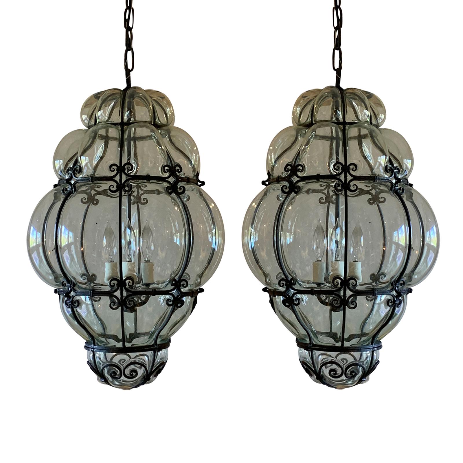 Pair of 20th Century Large Italian Murano Bubble Glass Iron-Bound Lanterns
