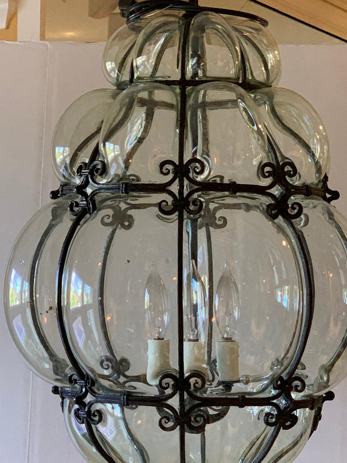 Pair of 20th Century Large Italian Murano Bubble Glass Iron-Bound Lanterns In Good Condition In Atlanta, GA