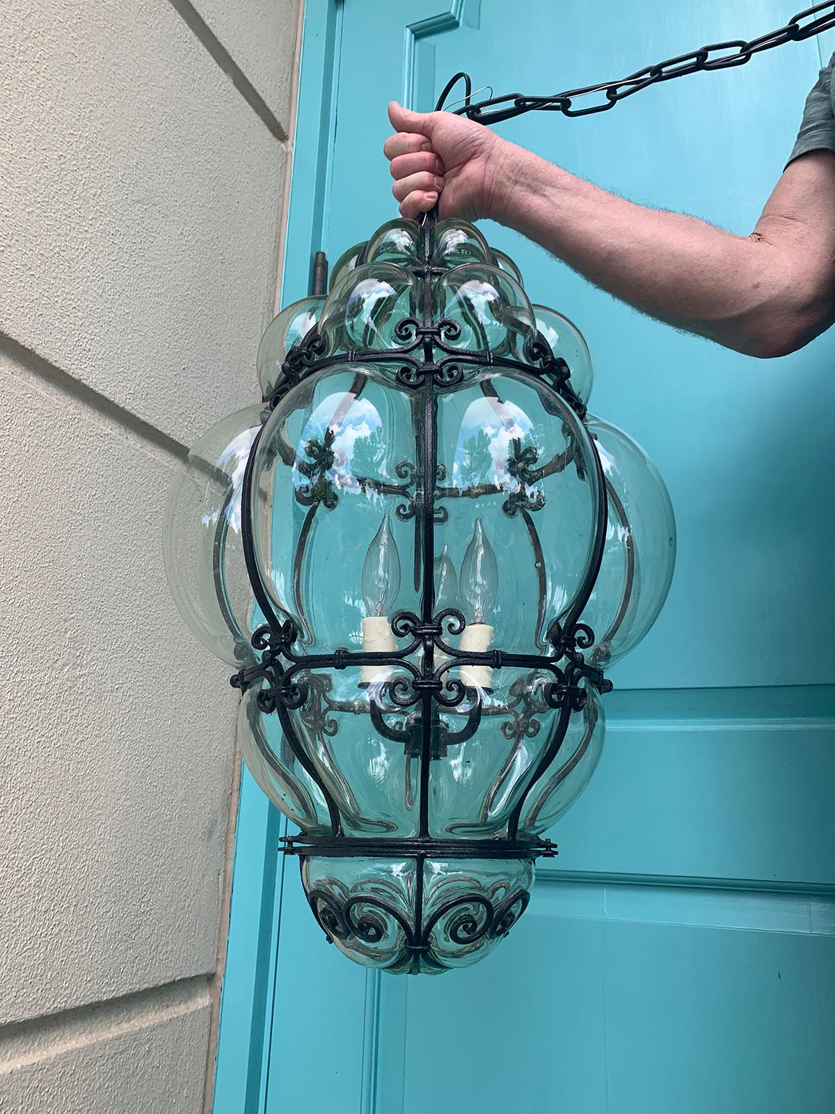 Pair of 20th Century Large Italian Murano Bubble Glass Iron-Bound Lanterns 3
