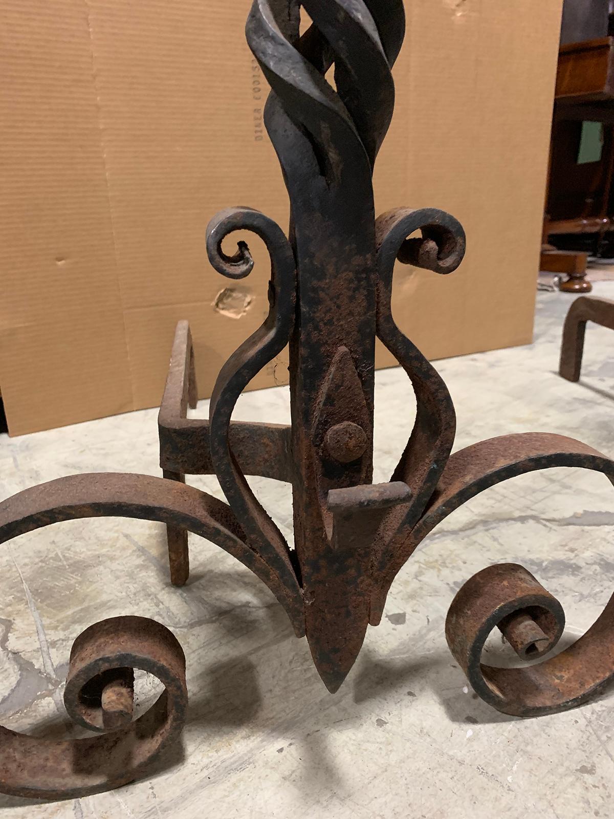 Pair of 20th Century Large Scale Wrought Iron Andirons For Sale 7