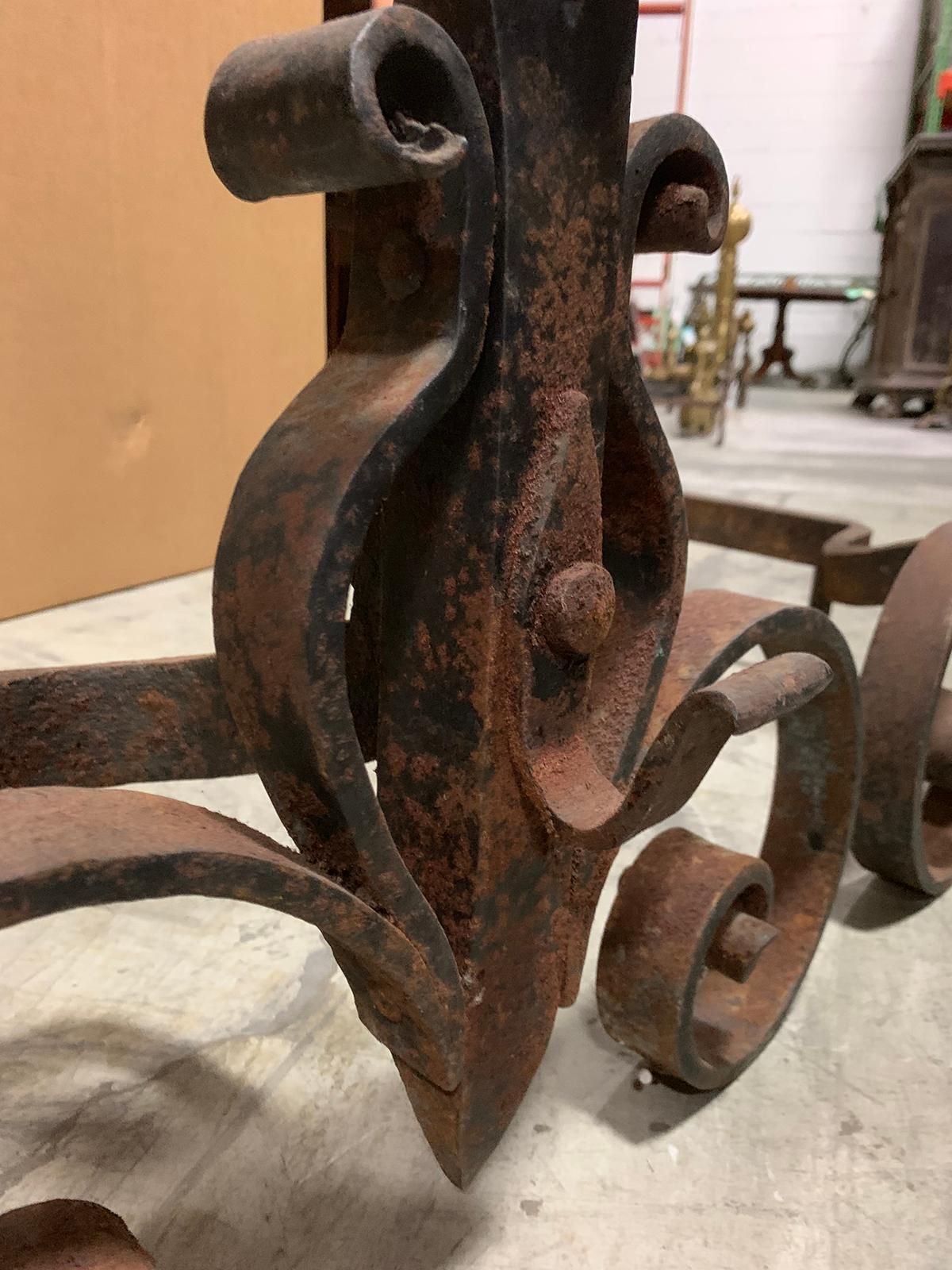 Pair of 20th Century Large Scale Wrought Iron Andirons For Sale 9