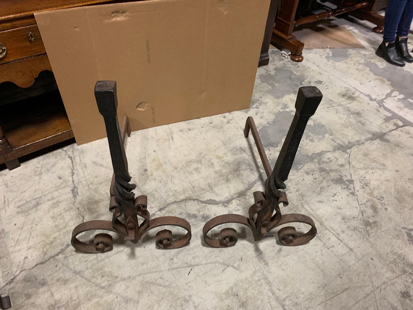 Pair of 20th Century Large Scale Wrought Iron Andirons For Sale 13