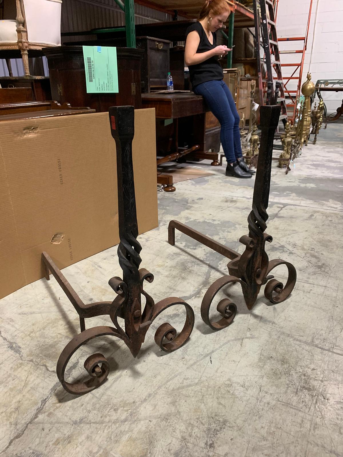 Pair of 20th Century Large Scale Wrought Iron Andirons In Good Condition For Sale In Atlanta, GA