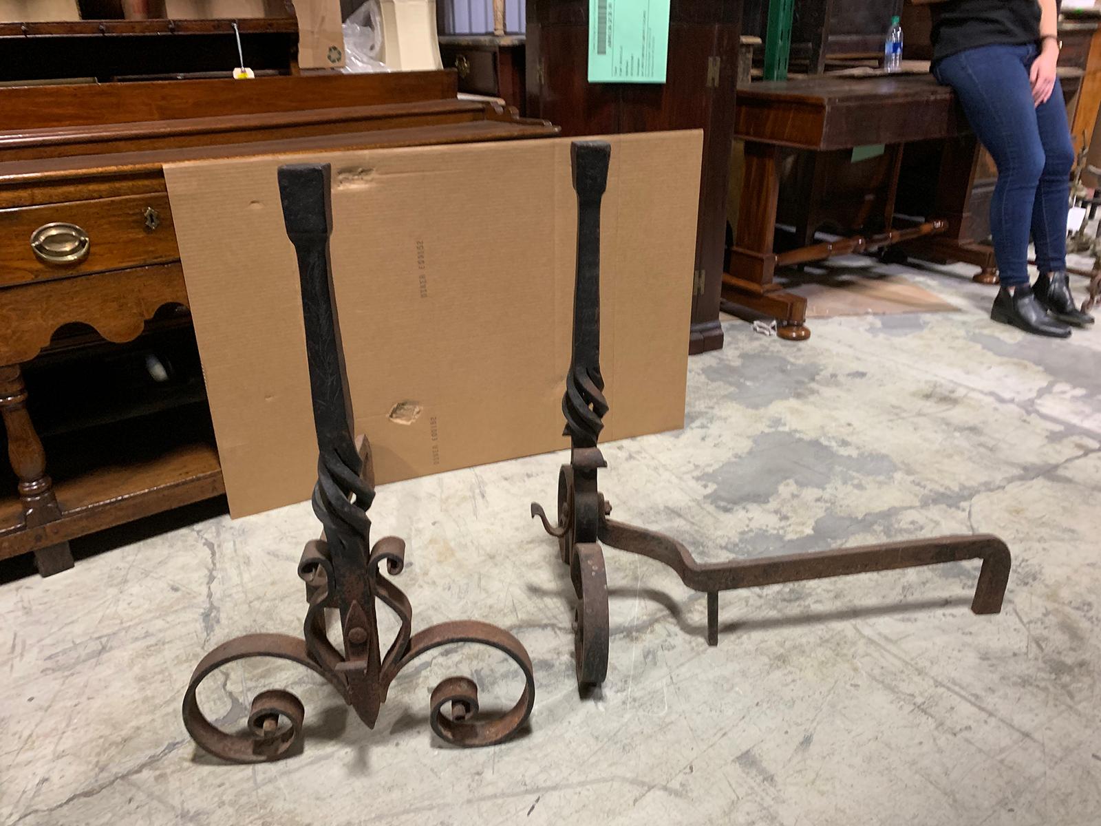 Pair of 20th Century Large Scale Wrought Iron Andirons For Sale 1