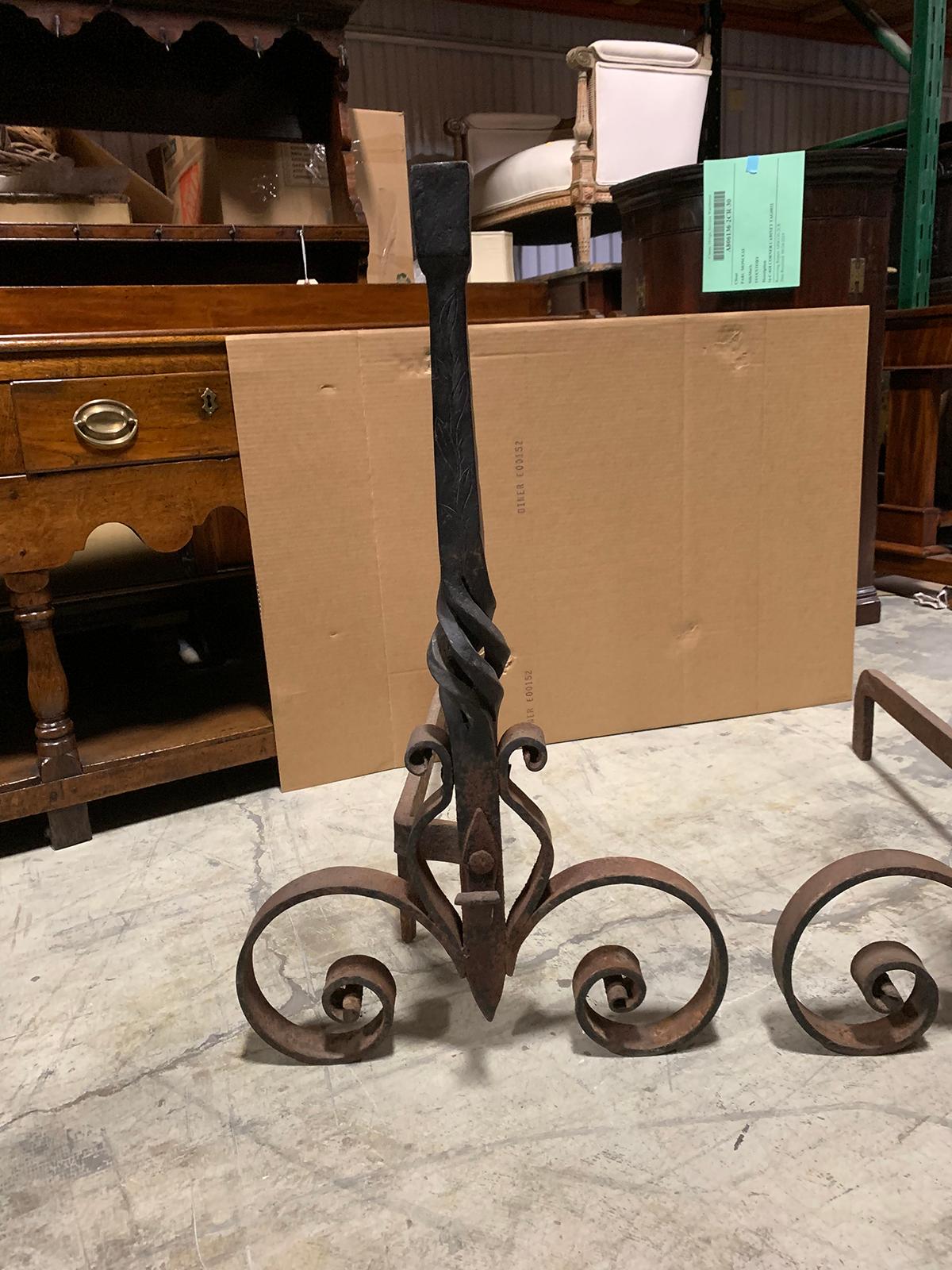 Pair of 20th Century Large Scale Wrought Iron Andirons For Sale 2