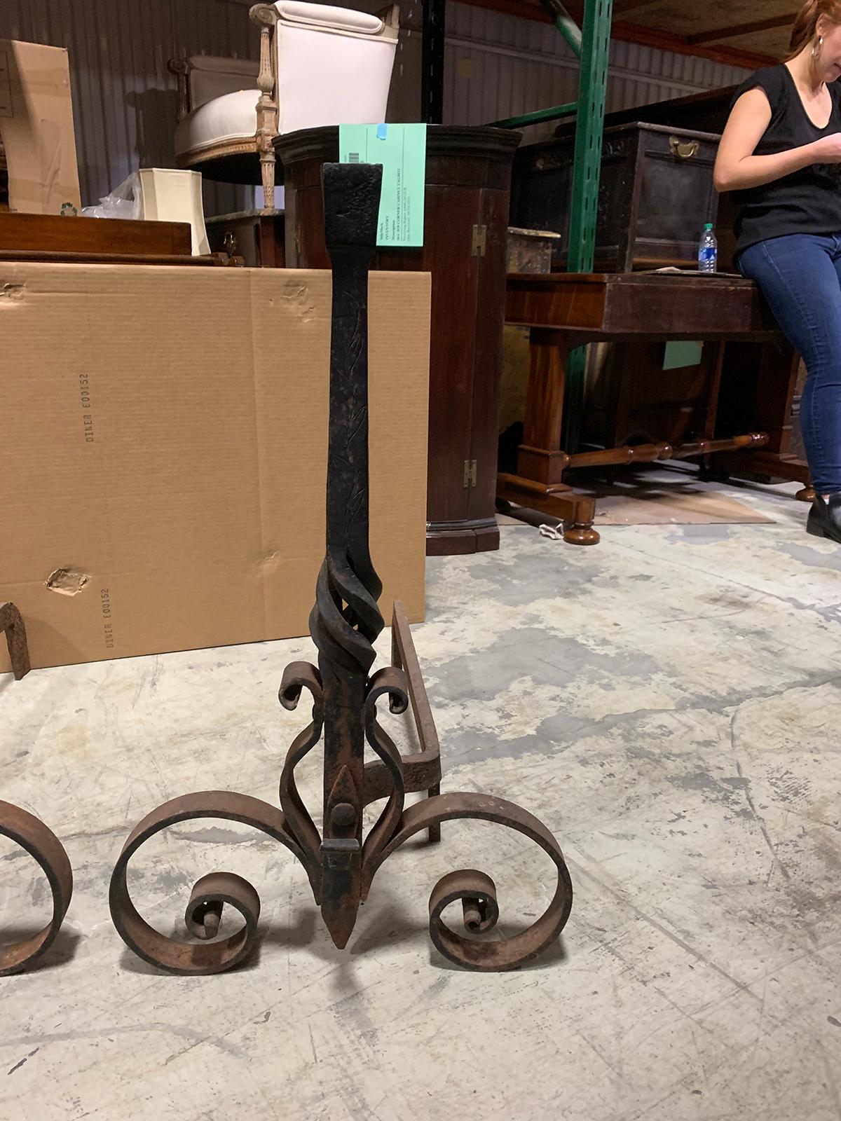 Pair of 20th Century Large Scale Wrought Iron Andirons For Sale 3