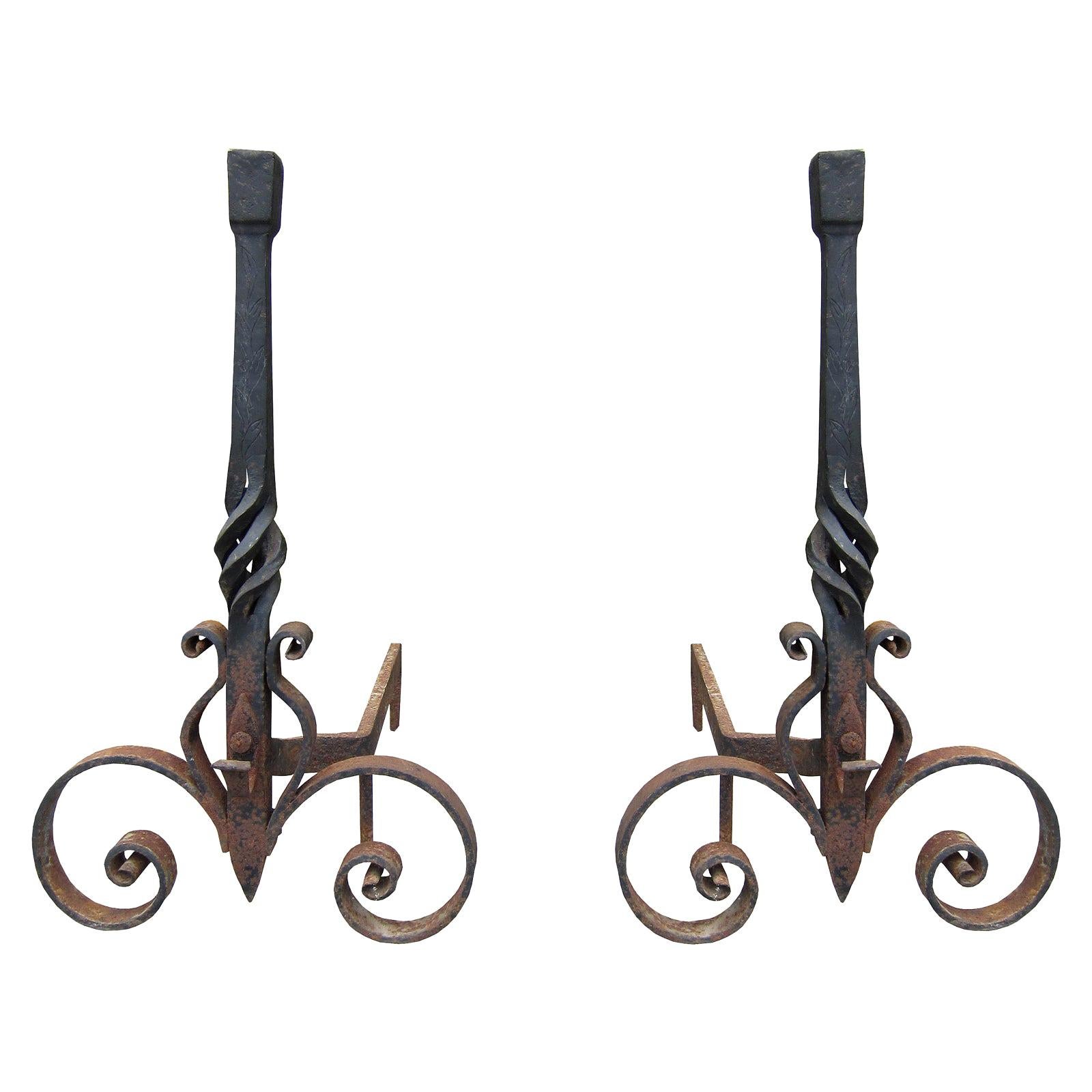 Pair of 20th Century Large Scale Wrought Iron Andirons For Sale