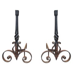 Pair of 20th Century Large Scale Wrought Iron Andirons